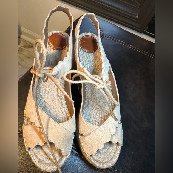 CHLOE Women's Beige AnKle Tie Suede Espadrille Wedge Sandals - Picture 5 of 6